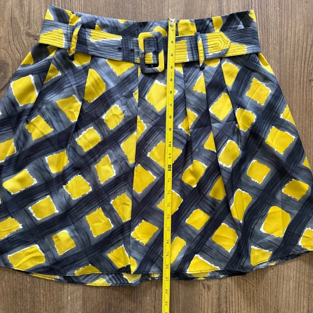 The Limited A-Line Skirt Women Large Yellow Grey Abstract Belted Geometric Mini